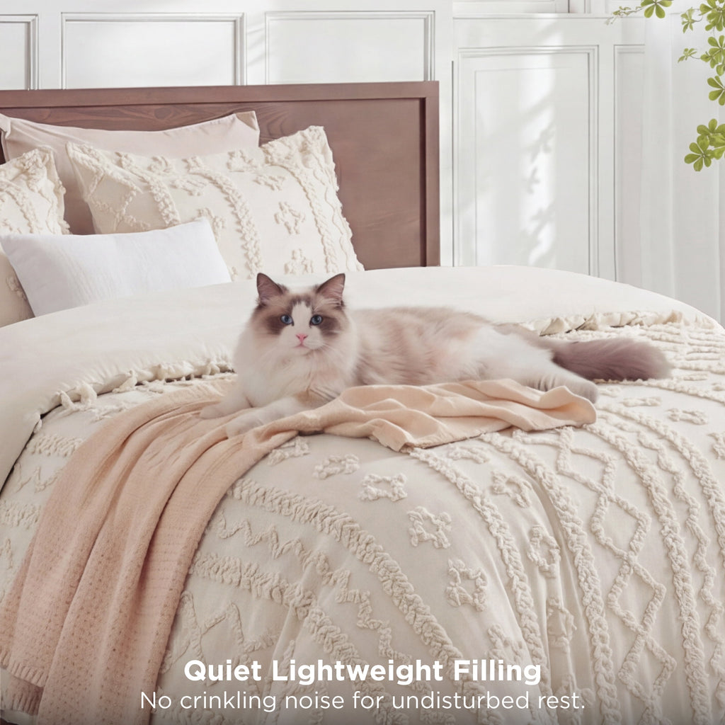Tufted Boho Comforter Set Queen, Beige, 3 Pieces Farmhouse Shabby Chic Embroidery Bedding Set, Soft Jacquard Comforte... - Image 4