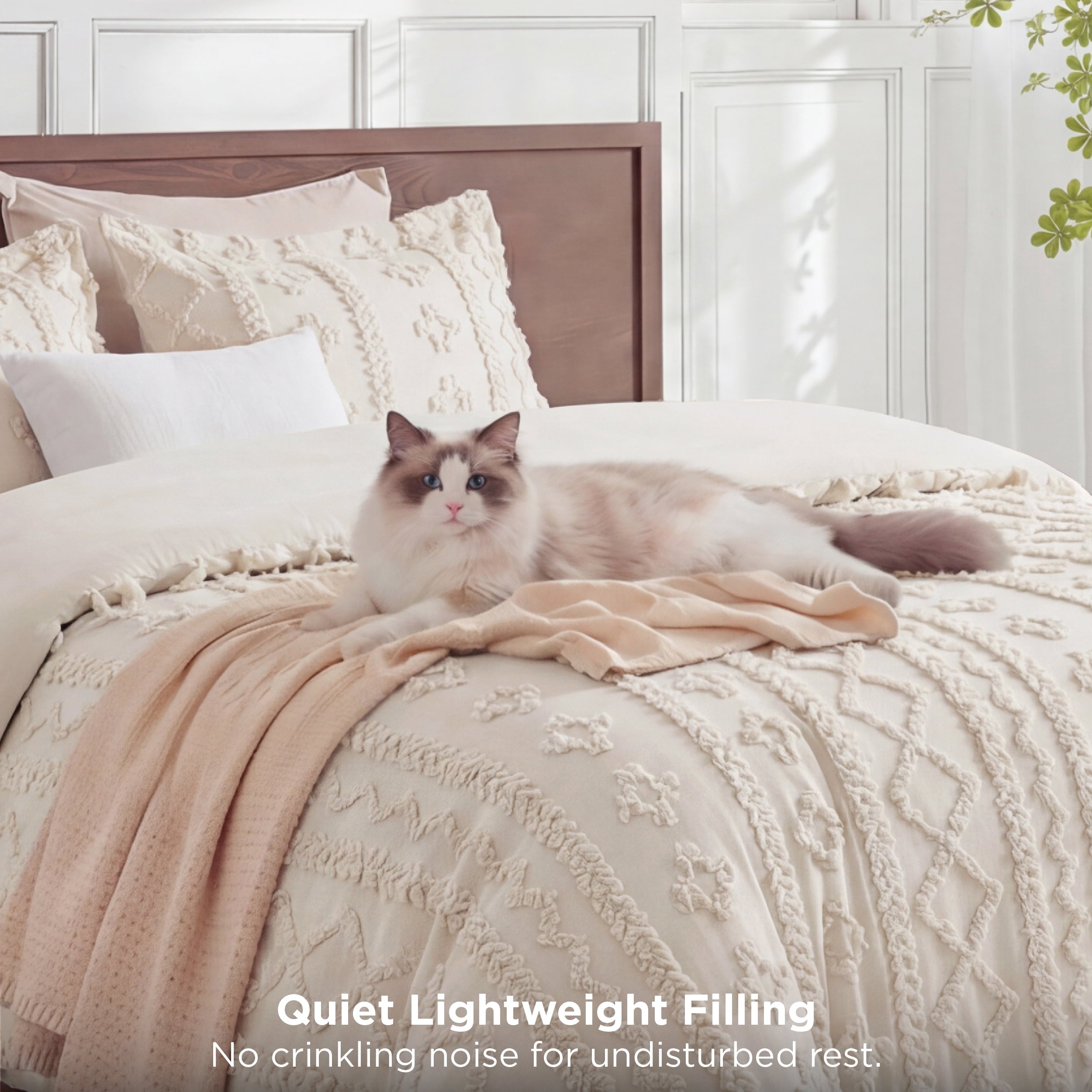Tufted Boho Comforter Set Queen, Beige, 3 Pieces Farmhouse Shabby Chic Embroidery Bedding Set, Soft Jacquard Comforte... - Image 4