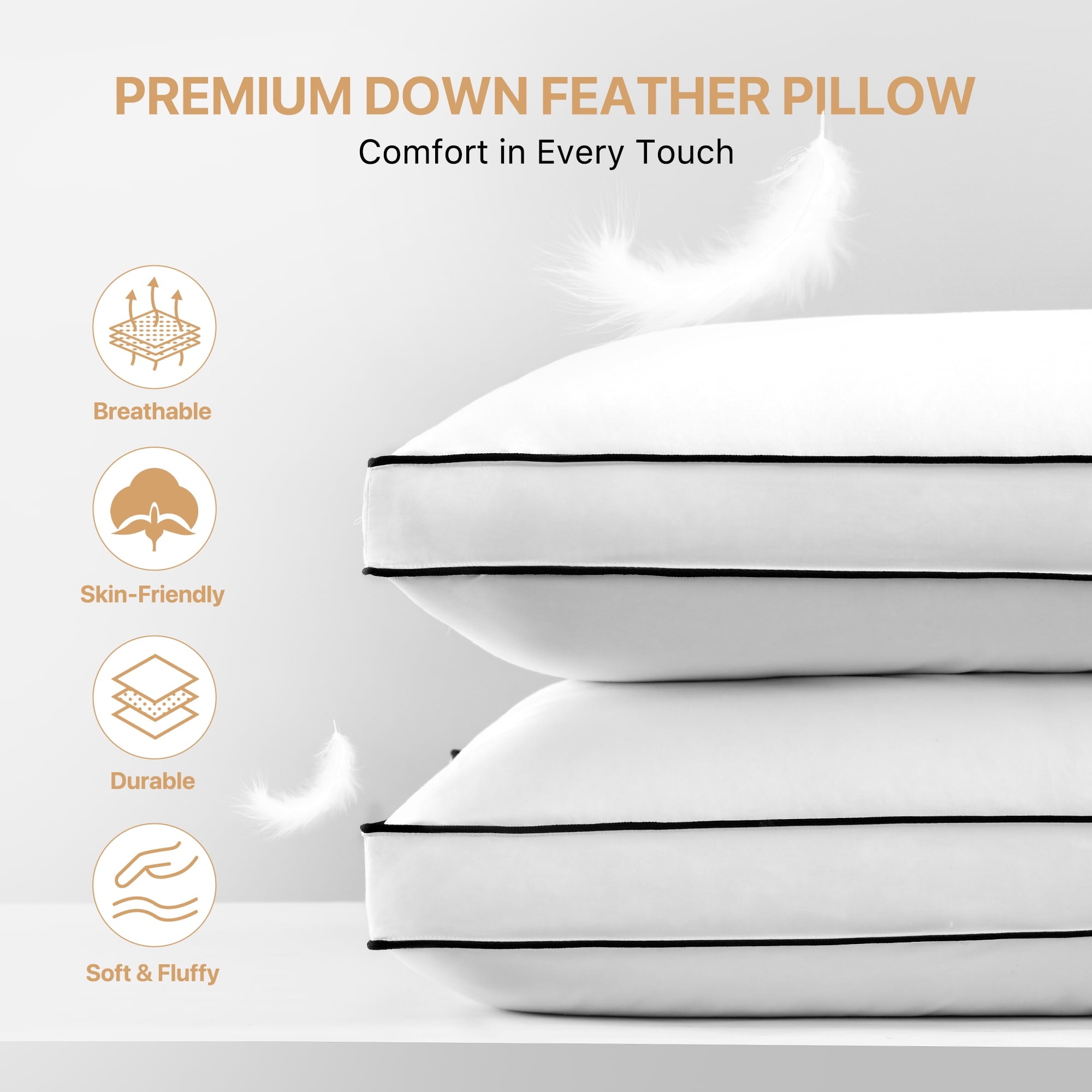 Gusseted Feather Down Pillow Set of 2, Medium Firm Hotel Bed Pillows 2 Pack, Queen Size for Side Sleepers, 20 x 30 in - Image 2