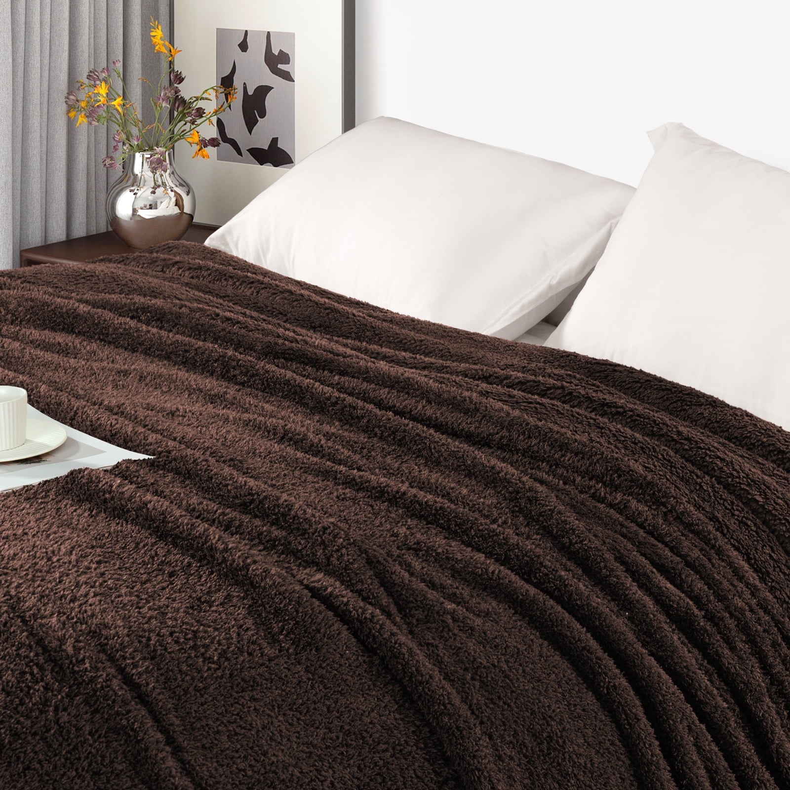 Fuzzy Fleece Throw Blanket for Couch Sofa, Lightweight Fluffy Solid Velvet Blanket, 50x60 Inches, Coffee - Image 4