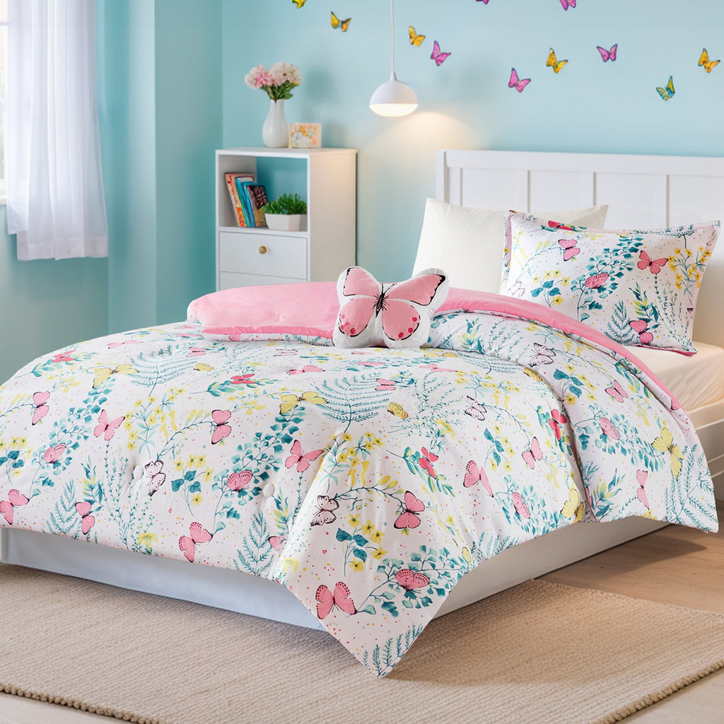 Full/Queen Size Comforter Sets, 4-Piece Kids Bedding Set for Girls, Butterfly Floral Comforter Bed Set, White/Pink - Image 3