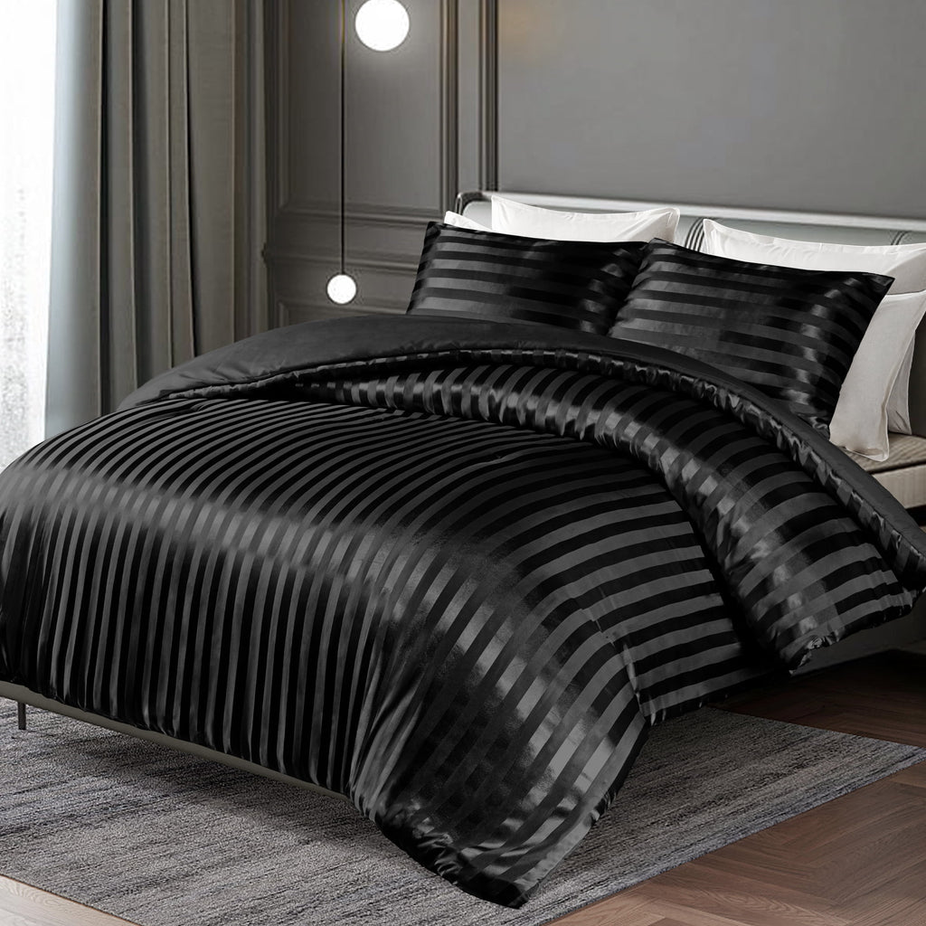 3-Piece Reversible Silky Soft King Size Comforter Set, Luxury Stripe Satin Oversized Comforter Bedding Set with 2 Sat... - Image 5