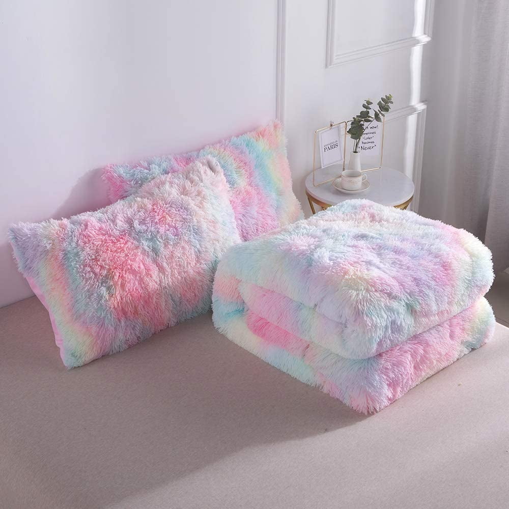 Wajade Plush Shaggy Comforter Set Fluffy Fuzzy Faux Fur Bedding Set - 3PC Microfiber Soft Warm Quilt Set(Rainbow Pink,Queen Size) - Image 2