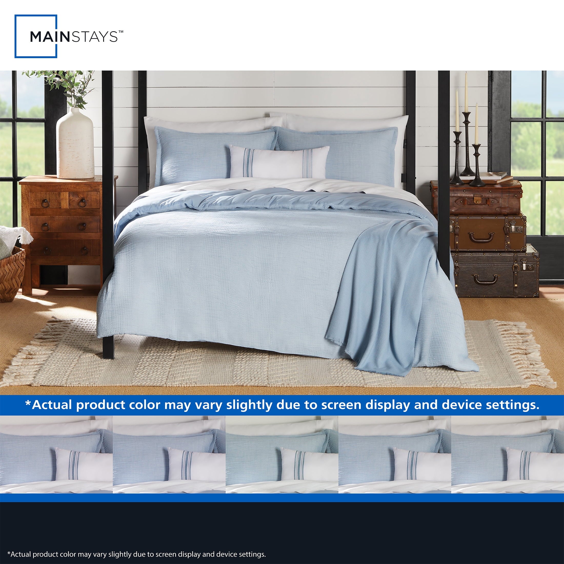 Full/Queen Comforter Set, All-Season, 5-Piece, Blue Matelasse Tonal Stripe - Image 5