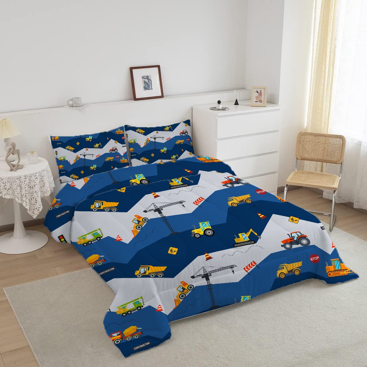 Car Comforter Set Construction Bedding Set for Boys Kids Trucks Comforter Cartoon Car Excavator Tractor Blue 3Pcs Twin - Image 4