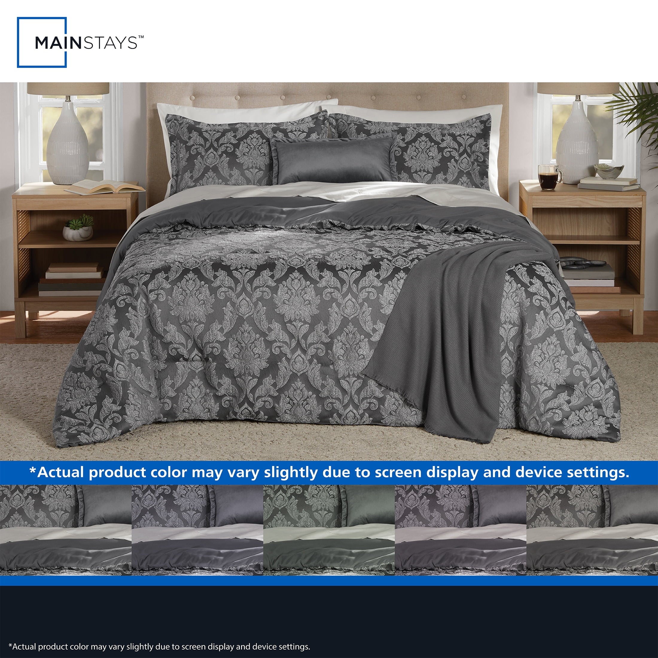 Full/Queen Comforter Set, All-Season, 5-Piece, Grey Jacquard Damask - Image 5