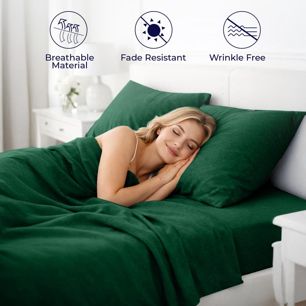 Bed Sheet Set Twin 3 Piece Hunter Green Breathable Soft Cotton Jersey Sheets with Deep Pockets, Unisex - Image 2