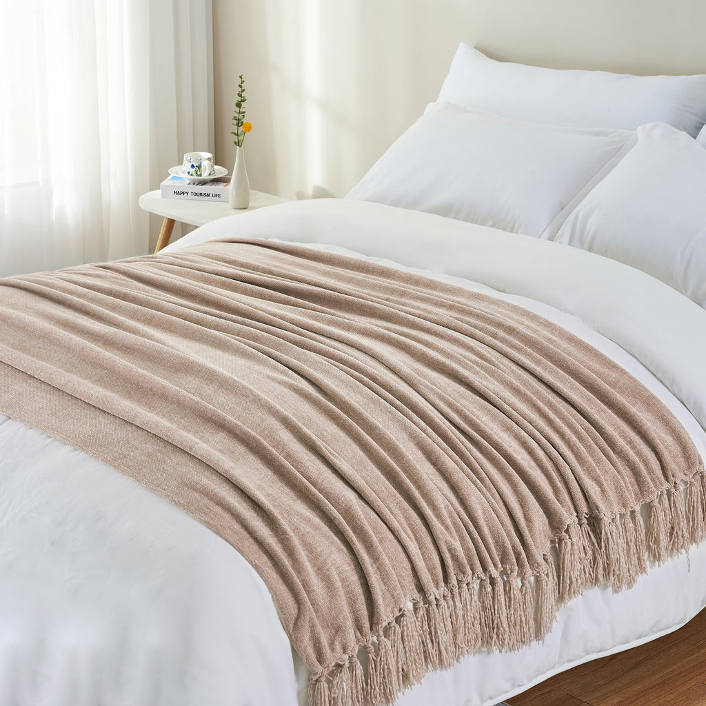 Chenille Throw Blanket with Fringe Tassel for Couch Sofa Chair Bed, Taupe 50" X 60" - Image 3