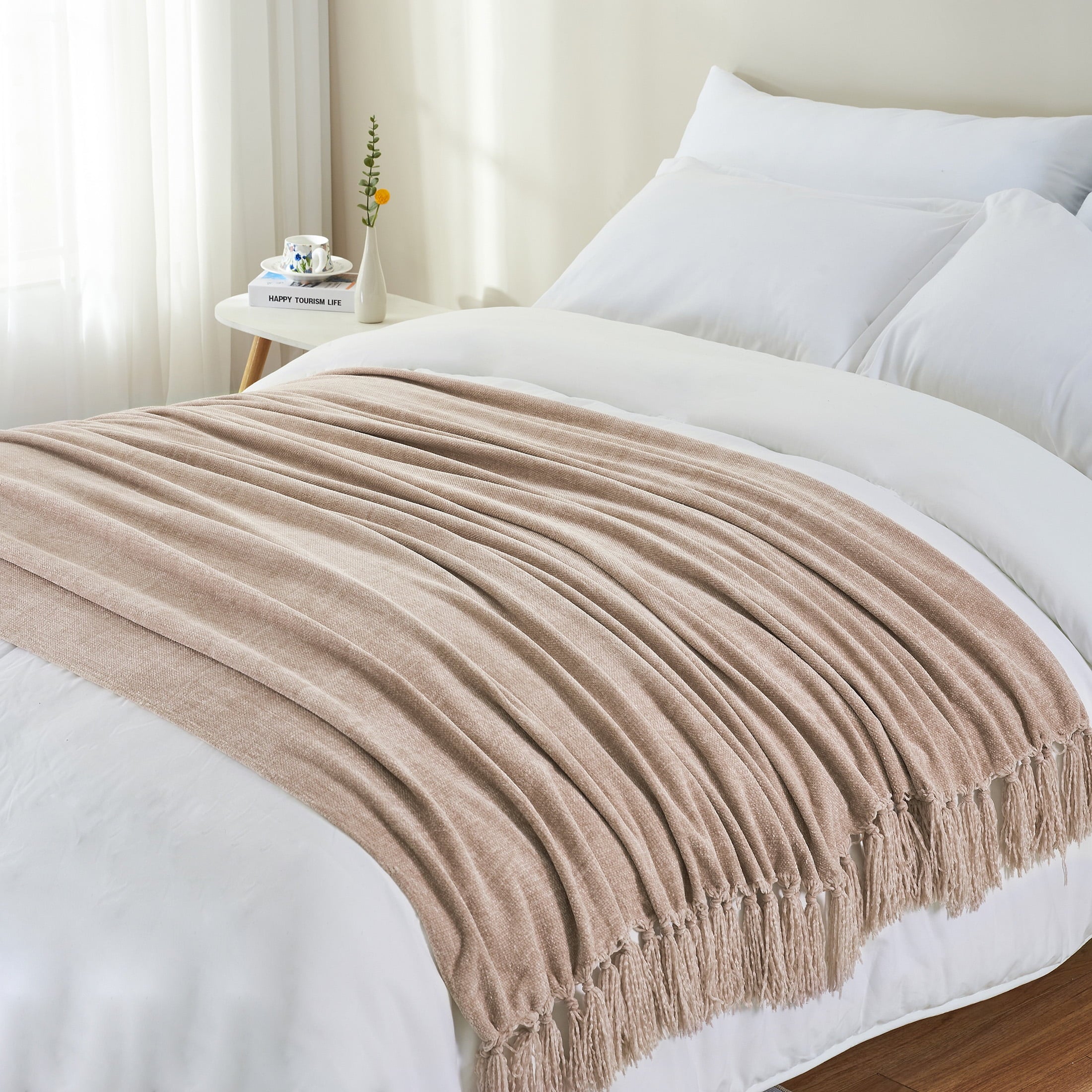 Chenille Throw Blanket with Fringe Tassel for Couch Sofa Chair Bed, Taupe 50" X 60" - Image 3